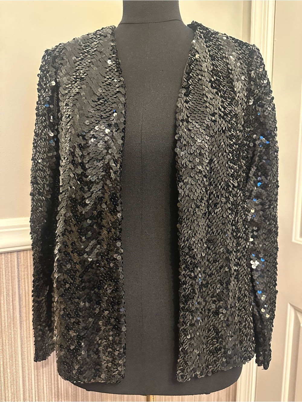 Vintage Black Sequin Jacket Small Sheer Sleeve Open Front Evening Party